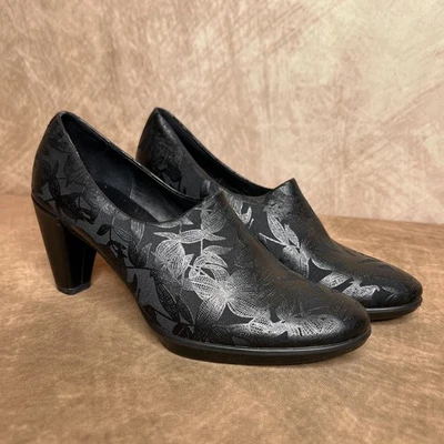Ecco Danish Design Black Floral Loafer High Heels Whimsigoth Gothic Peasant - Image 1 of 4