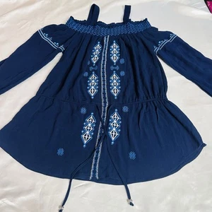 Neiman Marcus Embroidered Peasant Cottagecore Bohemian Blue SZ M Long Sleeve - Picture 1 of 10