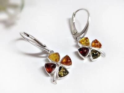 Bernstein Ohrhänger Silber 925 Ohrringe Kleeblatt echt Sterlingsilber bj275 - Bild 1 von 4