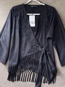 Zara Black Embroidered Kimono Top with Fringing Size M 7200/231 Bloggers Fave - Picture 1 of 7