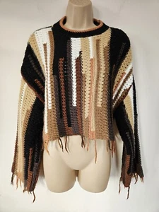 ZARA Brown CROCHET Jumper Wool Open Knit S LS Crop Sweater Fringe Striped Baggy - Picture 1 of 24