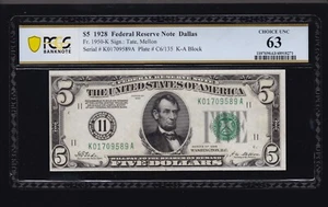 US 1928 $5 FRN Dallas Numeral '11' FR 1950-K PCGS 63 Ch CU (589) - Picture 1 of 2