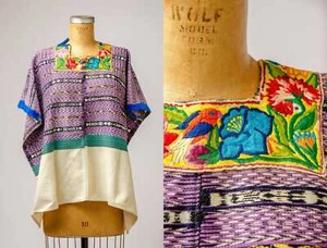 Antike guatemaltekische Huipil Bluse handgewebt traditionell Poncho Oberteil - Bild 1 von 4