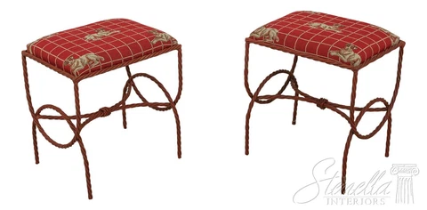 59585EC: Pair Rope Twist Iron Benches w. Dog Upholstery Cover