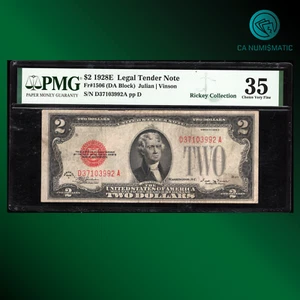 CA Fr.1506 (DA Block) 1928E $2 Dollar bill "RED SEAL", PMG 35, 38810, 03992 - Picture 1 of 2