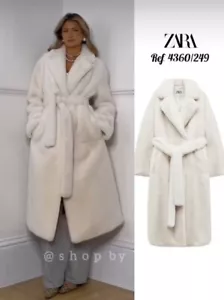 ZARA BELTED FAUX FUR COAT ZW COLLECTION ECRU NEW FW24/25 SIZE XL REF:4360/249 - Picture 1 of 10