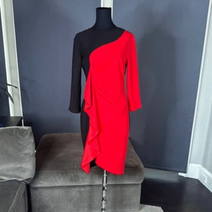 Women’s Black & Red Asymmetrical Ruffled Front Midi Dress 3/4 Sleeve Size M NEW - Picture 1 of 14