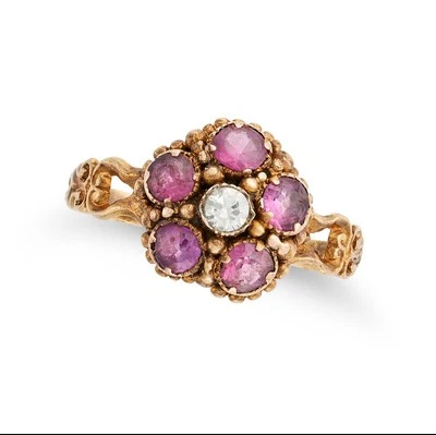 Antique Victorian Ruby & Diamond Round Cut Cluster 18ct Gold Vintage Ring - Image 1 of 4