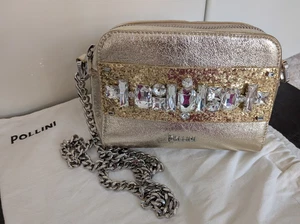 POLLINI ITALIAN HANDBAG CROSSBODY/CLUTCH METALLIC GOLD DIAMANTE PRE-OWNED - Picture 1 of 14