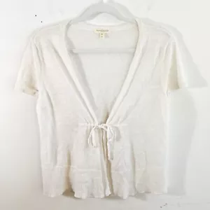 Eileen Fisher Cardigan White 100% Linen Short Sleeve Tie Front Knit Sz MP EUC - Picture 1 of 11