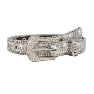 Lady PU Leather Thin Waist Belt Waistband Skinny Glitter Rhinestone Sequin Shiny - Picture 1 of 21