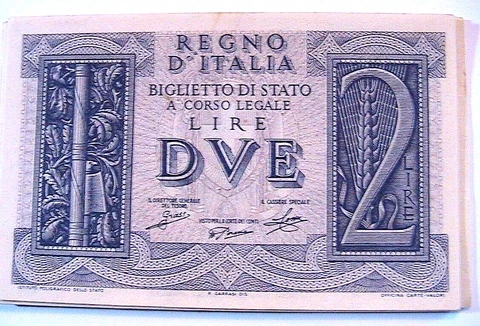 1939 Italy 2 Lire Ch Unc Original Italian Paper Money Currency Banknote p-92 Cover