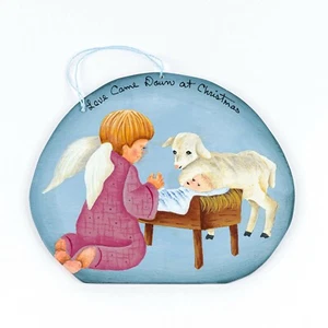 Signierter Kessler handbemalter Holz Weihnachtsschmuck Engel Jesus in Krippe #39 - Bild 1 von 3