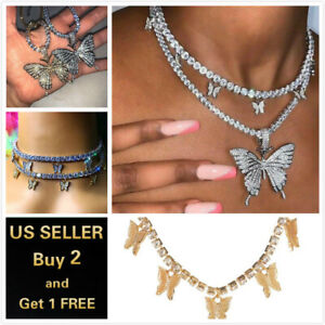 Fashion Butterfly Pendant Necklace Rhinestone Sweater Chain Women Crystal Choker