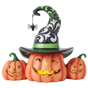 ✿ New JIM SHORE Figurine JACK-O-LANTERN LED Lights Up Halloween Spider Witch Hat - Picture 1 of 3