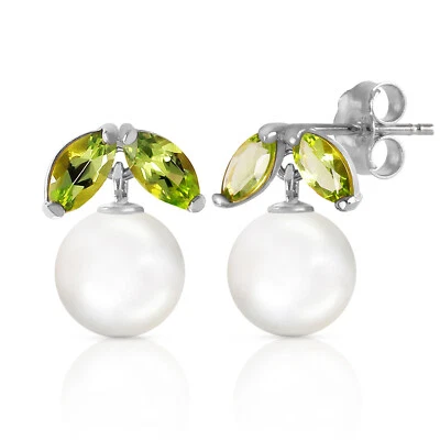 4.4 Carat 14K Solid White Gold Stud Earrings pearl Peridot - Image 1 of 4