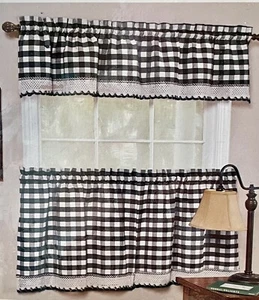 Buffalo Check Tier Pair Black & White Lace Edge 58” x 24” #1605  NEW in PACKAGE - Picture 1 of 4