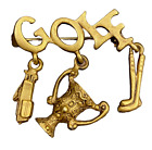 L Razza Golf Brooch Pin Antiqued Goldtone Charm 1.5&quot; Wide Bag Club Trophy Charm