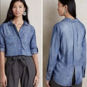 Anthropologie Cloth & Stone Split Back Chambray Button Down Denim Small - Picture 1 of 11