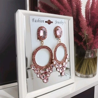 1 paar Ohrringe Clip XXL Acryl goldfarben/Rosa brillant Modeschmuck  - Bild 1 von 4