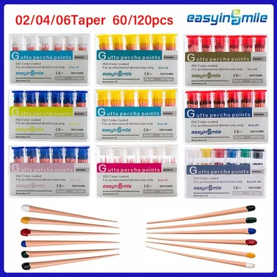 60/120 piezas Puntos de Gutta Percha Dental Endo Canal Raíz .02/.04/.06 Cónico Foto 1 de 4