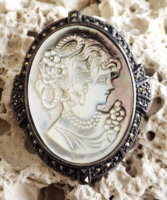 Victorian Style Sterling Silver 925 Carved Shell & Marcasite Cameo Brooch 2" - Image 1 of 3