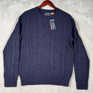 Polo Ralph Lauren Sweater Mens Medium Blue Cable Knit Wool Alpaca Pullover Warm - Picture 1 of 10