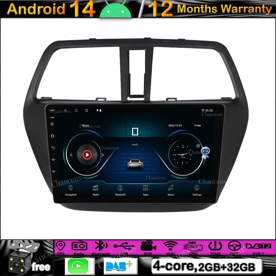 9"Android 14 Autoradio Carplay GPS SAT Navi DAB DVR For Suzuki S-cross 2012-2016 - Image 1 of 4