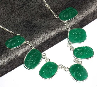 925 镀银雕刻绿玛瑙叶项链珠宝首饰尺寸 19 GW — 第 1/3 张图片