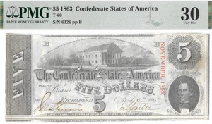 T-60 1863 $5 Confederate Currency PF-27 PMG VF30 Interesting Miscut Error Note ! - Picture 1 of 5