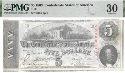 T-60 1863 $5 Confederate Currency PF-27 PMG VF30 Interesting Miscut Error Note ! - Image 1 of 4