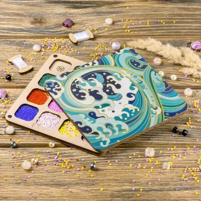 Bead Organizer With Wooden Lid – “Ocean Wave, Square” Craft Storage - Image 1 of 4