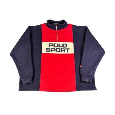 Polo Sport Ralph Lauren Hombres 1/4 Cremallera Sudadera Azul Marino Rojo Logotipo Deletreado Talla L Foto 1 de 4
