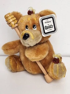 Orzck Grizzly Bear w Tag Glue Honey Bee Plush Retro Vtg 1990 Cottage Cabin Decor - Picture 1 of 12