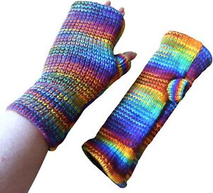 Rainbow Space Fleece Lined Wool Hippy Boho Tube Fingerless Gloves Wrist Warmers