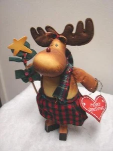 Vintage Handcrafted Merry Christmas Dressed Moose wood legs 13 1/2 inches tall - Picture 1 of 3