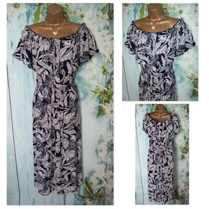 NEW NUTMEG DRESS SIZE 22, Navy Leaf Bardot On/off shoulder Crinkle Shirred Dress - Picture 1 of 9