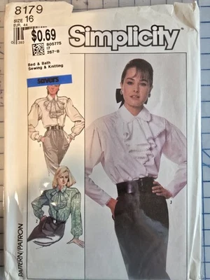 Blusa vintage 1987 Simplicity Misses patrón de costura 8179 Misses talla 16 sin cortar Foto 1 de 2