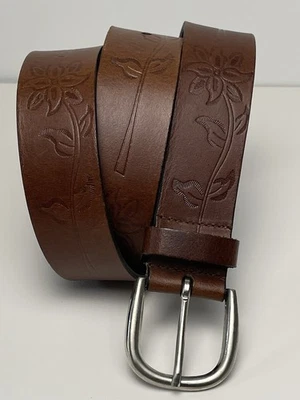 Cinturón de cuero genuino marrón para mujer con flores en relieve talla XL hecho en la India Foto 1 de 4