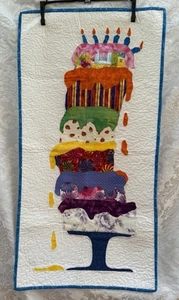 BIRTHDAY CAKE Quilted & Appliquéd WALL HANGING Hand-Made 18”x 34” Patchwork EUC - Picture 1 of 8