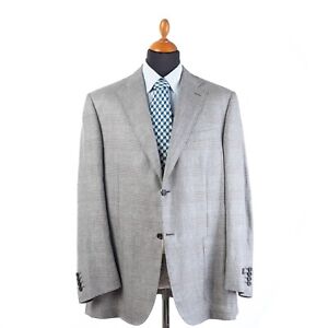 NWT CANALI Linen Wool Silk Suit BlazerBrown Gray White Glen Check EU:56 6R US:46