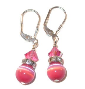 SWAROVSKI CRYSTAL Elements & CATS EYE Sterling Silver Earrings ROSE PINK - Picture 1 of 5