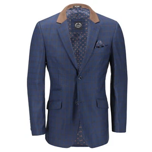 Falco – pour Hommes Carreau Blazer Fauve Bleu Marine Coupe Ajustée Costume Veste - Imagen 1 de 1