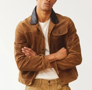 Mens Brown Real Suede Leather Trucker Jacket Classic Fit Fashion Coat - Imagen 1 de 4