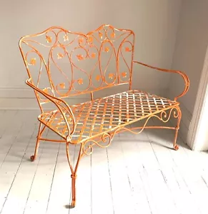 Vintage Ornate Wrought Iron Two Seater Garden Bench, Leaf Design in Faded Orange - Picture 1 of 11