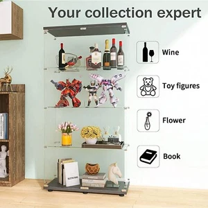4-Tier Glass Display Cabinet Floor Standing Curio Bookshelf 2 Doors Black 64" - Picture 1 of 12