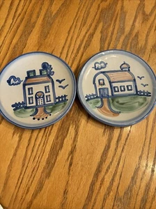 Vintage MA Hadley Pottery PAIR House & Barn Bread Plates 6” NICE! - Picture 1 of 5