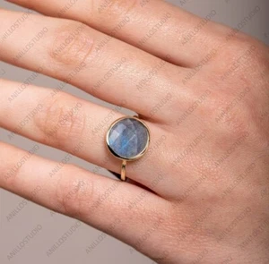 14k Yellow Gold Natural Labradorite Promise Solitaire Ring Ring Size 7 - Picture 1 of 8