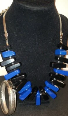 DESIGNER CHICOS CHUNKY BLACK & BLUE LUCITE & SILVER NECKLACE & BRACELET 1980'S  - Image 1 of 4