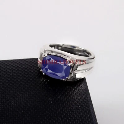 Piedra preciosa de zafiro térmico con anillo de plata enchapado en oro blanco de 14K para hombre #1364 Foto 1 de 4